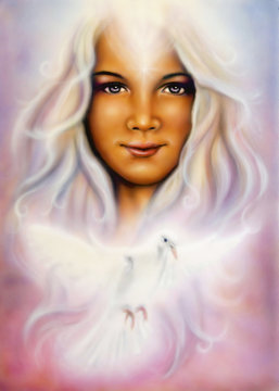 airbrush painting of a young girl’s angelic face with radiant wh