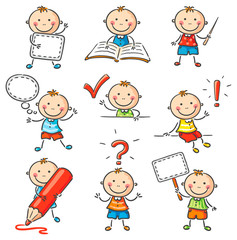 Little boy with different signs and objects