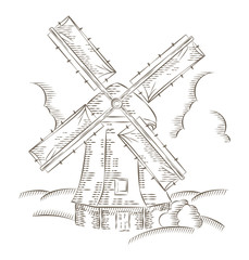 Vintage Windmill Logo Bakery design vector template. Hand drawn