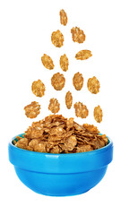 Flying corn flakes in a bowl isolated on white background.