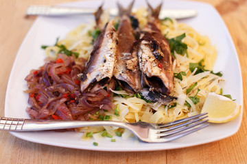 Fried fish on white plate.