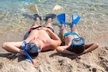happy father and son after snorkeling relaxing