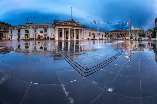 Fountain and Saint George Square on the Rainy Morning, Valletta,