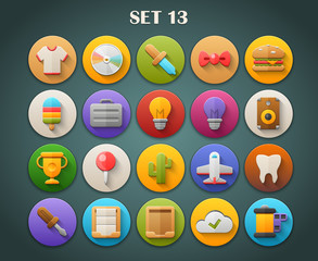 Round Bright Icons with Long Shadow Set 13