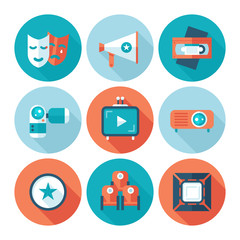 Set of flat cinema and movie icons. Media video attributes.