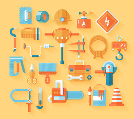 Flat working tools icon set.