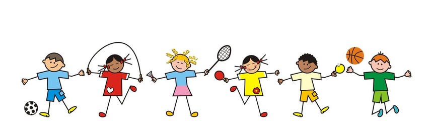 children, line, sport activity, set sports equipments, soccer ball, jump rope, badminton, tennis, basketball, ping pong © janista