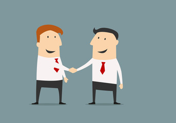 Cartoon businessmen shaking hands and closing deal