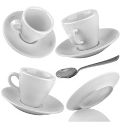 Set of cups of coffee with a silver spoon on a isolated backgrou