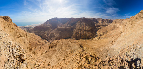 Fototapeta premium Desert canyon and Dead sea panorama.
