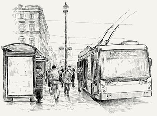 trolleybus stop in the big city