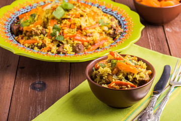 Turkish pilaf with lamb, turmeric and spices in traditional styl