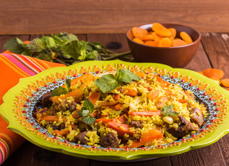 Turkish pilaf with lamb, turmeric and spices in traditional styl