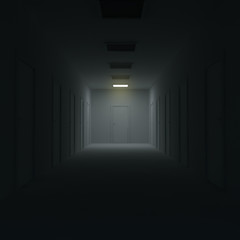 Corridor with closed doors and lighting. 3d illustration.