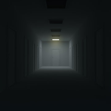 Corridor with closed doors and lighting. 3d illustration.