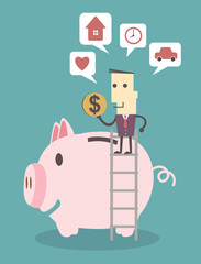 Businessman saving money in a piggy bank