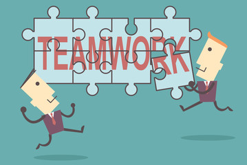 Business men putting together jigsaw the word teamwork vector fi