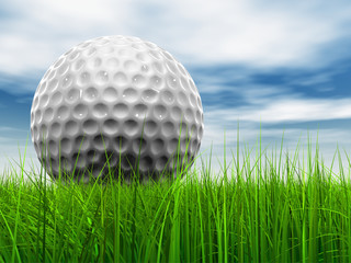 White golf ball in grass and sky