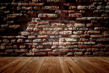Conceptual old vintage brick wall and wood floor
