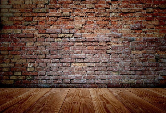 Conceptual Old Vintage Brick Wall And Wood Floor