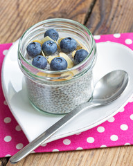 vanilla chia seed pudding with blueberries and almonds