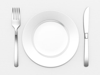 Dinner plate, fork and knife