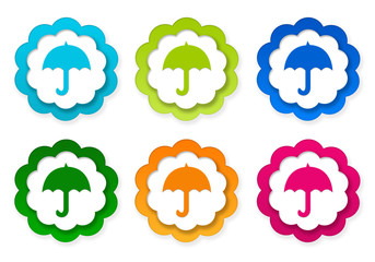Set of colorful stickers icons with umbrella symbol