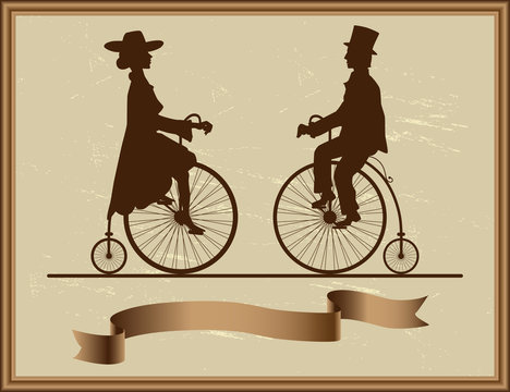 gentleman and lady riding on a retro bike to meet each other.