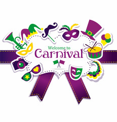 Bright vector carnival icons and sign Welcome to Carnival
