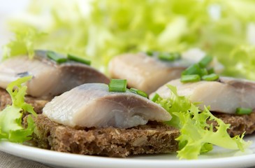 Sandwiches of rye bread with herring and onions