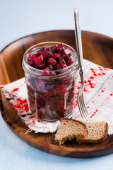 Russian beetroot salad in glass jar