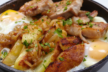 fried meat with potatoes and egg