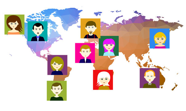 World map with icons of people. Raster. 3