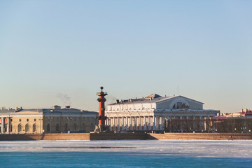 Naklejka premium The Spit (Strelka) of Vasilievsky Island. Rostral column and the