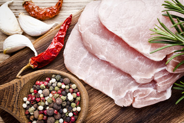 Pork chop, meat slices  on a wood background.