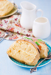 Slices of sponge cake with buttercream on plate
