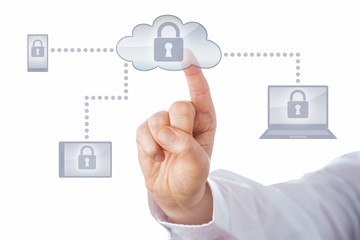 Finger Pushing Cloud Icon Linked To Mobile Devices