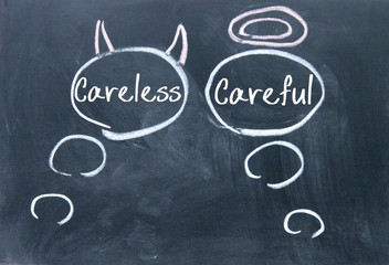 Angels and demons thinking sign on blackboard