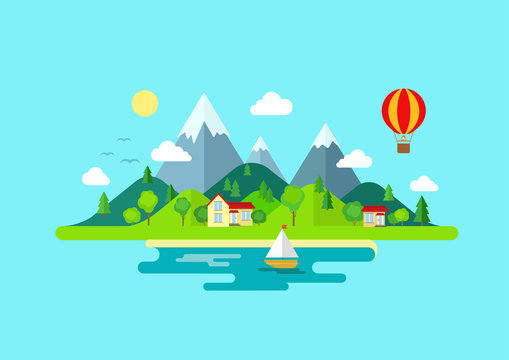 Travel Mountains Island Landscape And Sailing Color Flat Concept