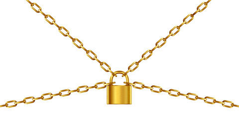 Golden chain and padlock, isolated on white