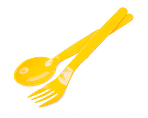 plastic fork and spoon isolated on white background