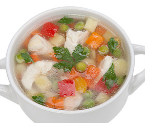 Chicken noodle soup isolated on a white background