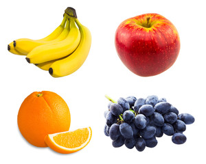 Branch of blue grapes ,  bananas, sliced orange and red apple