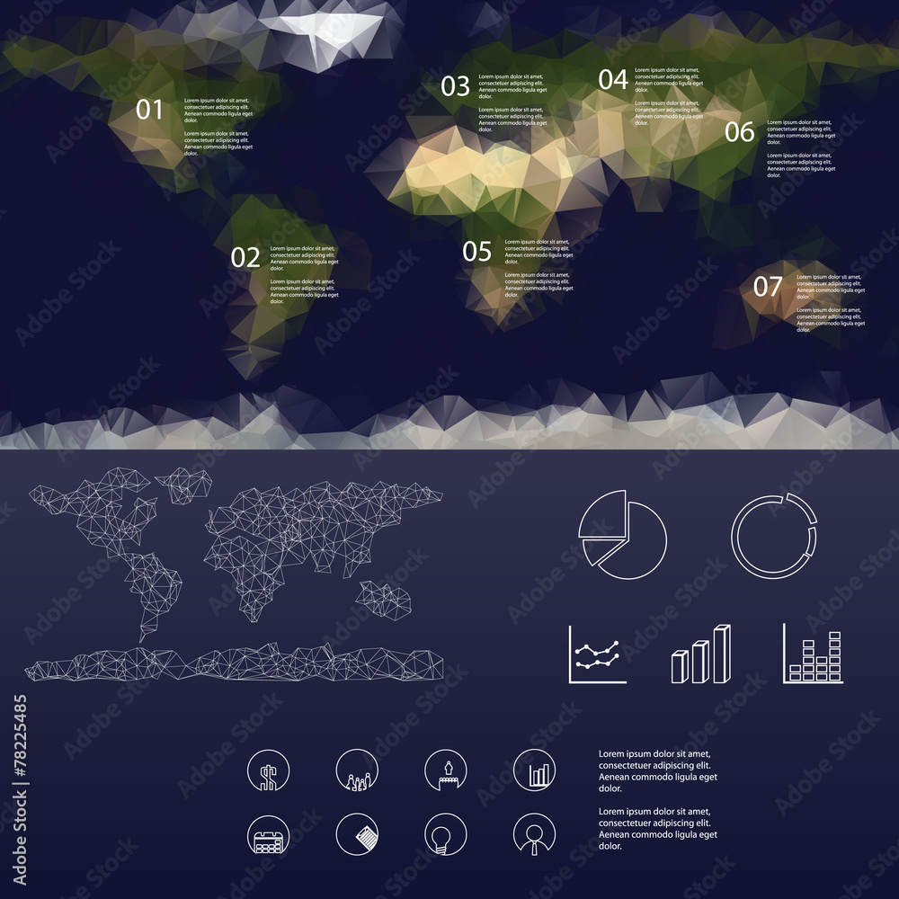 Poster low polygonal map of the world infographics menu with graphs