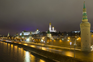 The night panorama of the Kremlin walls and