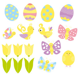 set of Easter eggs, chicken, flying butterflies and tulips