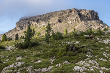 Mount Nuvolau at sunrise from pass Falzarego, Dolomites, Italy