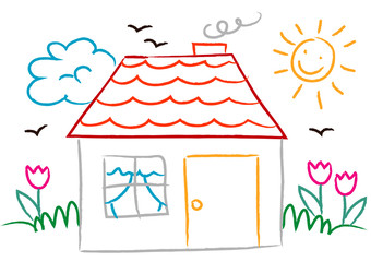 drawing children with house, sun and flowers - obrazy, fototapety, plakaty