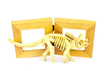 Dinosaur skeleton model on wood frame isolated on white - Stock