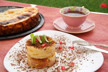 A piece of  cheese cake with pears